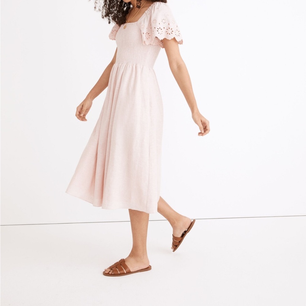 Madewell Linen-Blend Eyelet-Sleeve Lucie Smocked Midi Dress NWT XS.